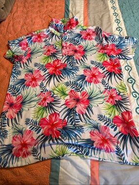 Men's White Floral Polo Shirt with Pink Hibiscus